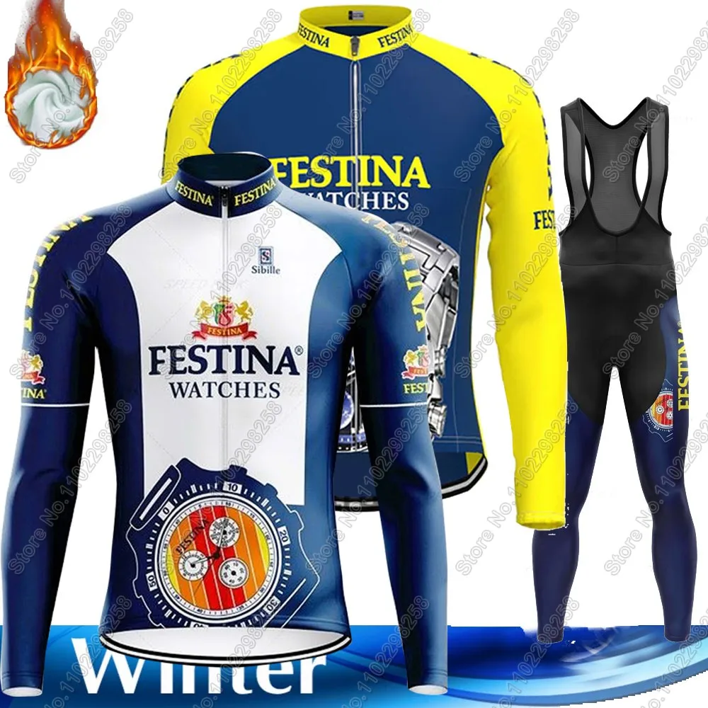 Winter Retro Cycling Jersey Set Spanish Watches Vintage Men Long Sleeve Clothing Suit MTB Bike Road Pants Bib