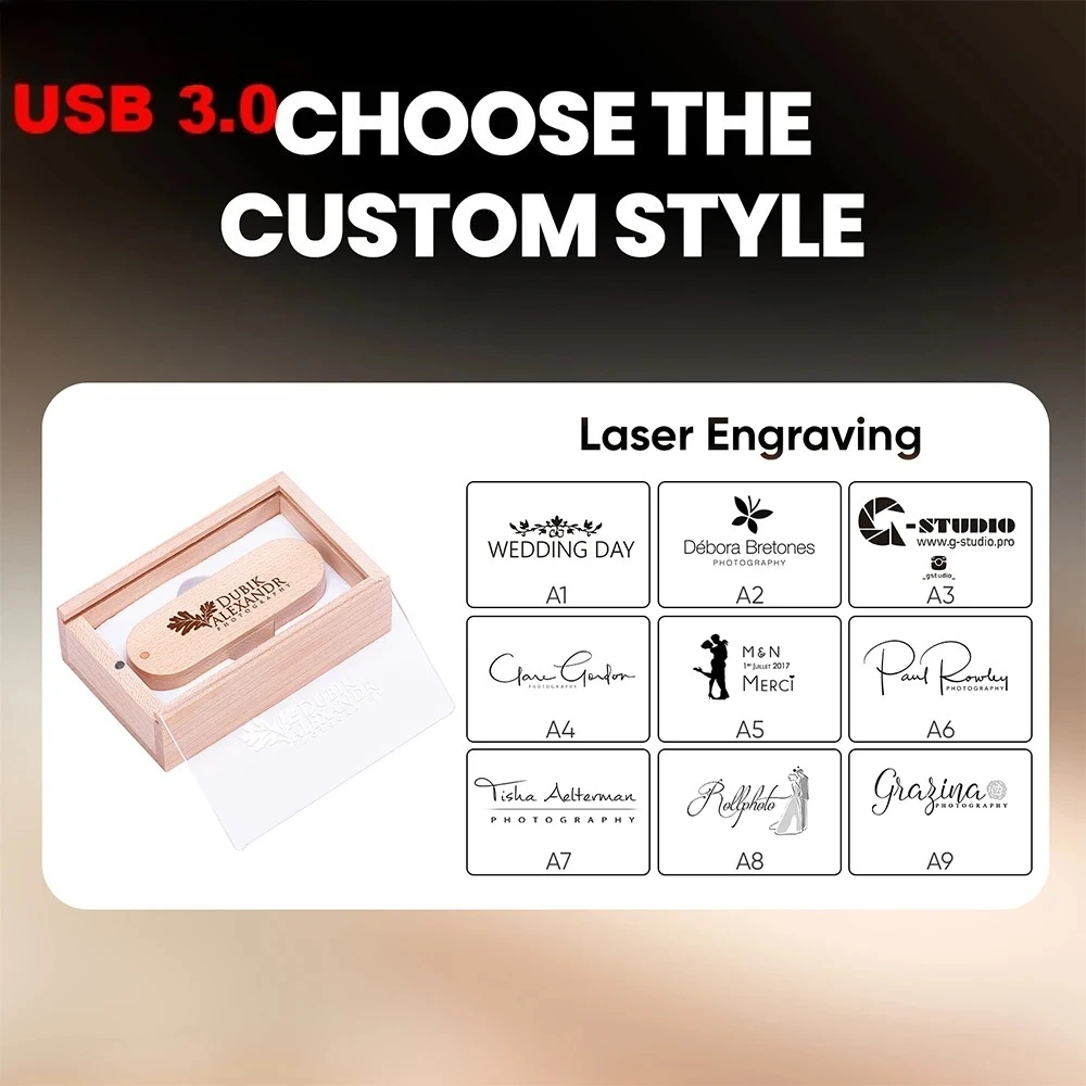고속 USB 3.0 플래시 드라이브, 투명 커버, 나무 푸시 풀 박스 펜 드라이브, 무료 사용자 정의 로고, USB 스틱, 결혼 선물, 128GB