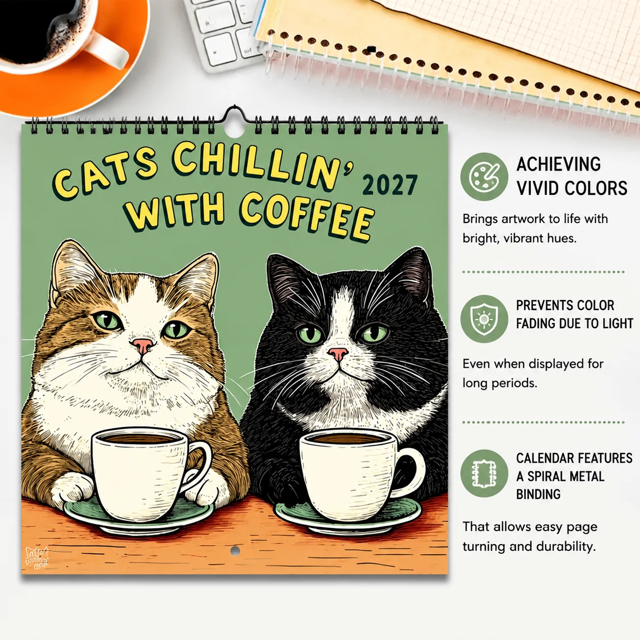 Calendario da Parete 2027: Illustrazione di Gatti Divertenti e Rilassanti con Tema Caffè, Calendario Mensile Personalizzato per 12 Mesi