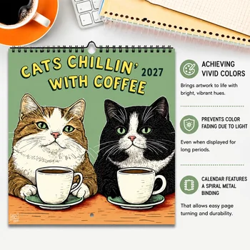 Calendario da Parete 2027: Illustrazione di Gatti Divertenti e Rilassanti con Tema Caffè, Calendario Mensile Personalizzato per 12 Mesi