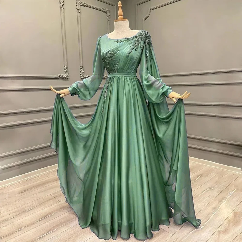 

Dust Blue Muslim Beading Evening Dresses Bateau Neck Long Sleeves A Line Prom Gowns Sweep Train Chiffon Pleated Formal Dress