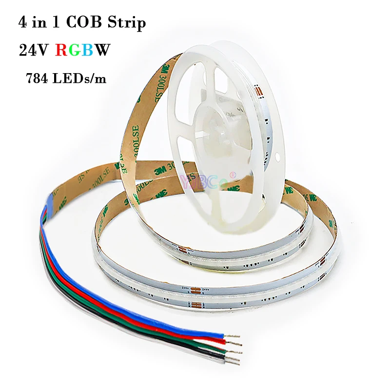 24V 5M RGBW 4 in 1 COB Flexible LED Strip 784LEDs/m FCOB atmosphere colorful Light high brightness Lights Tape 12mm White PCB