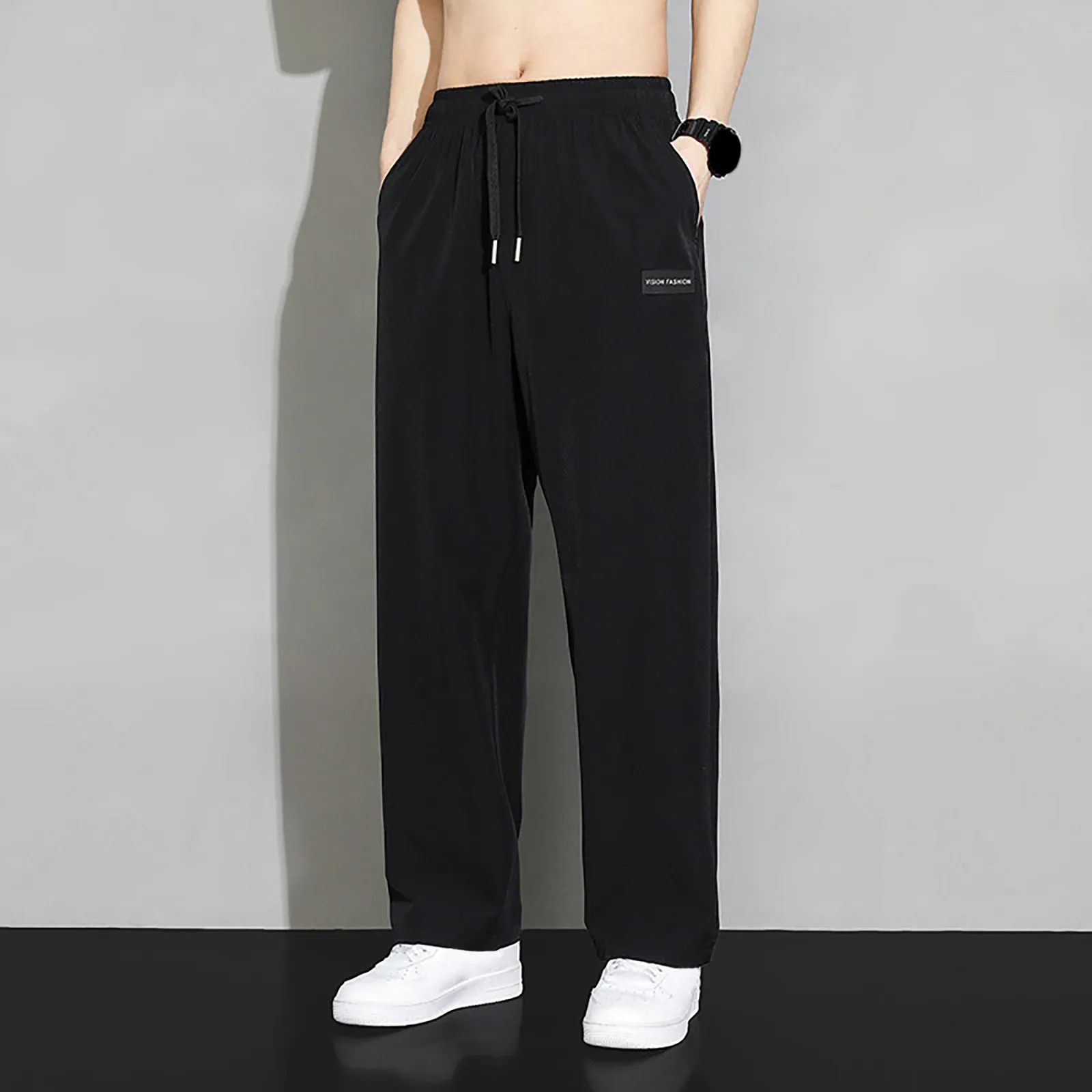 Men Pants Casual Pant Men Solid Baggy Wide Leg Pants Ankle Length Elastic Waist Loose Straight Trousers Tracksuit Bottoms Large Size