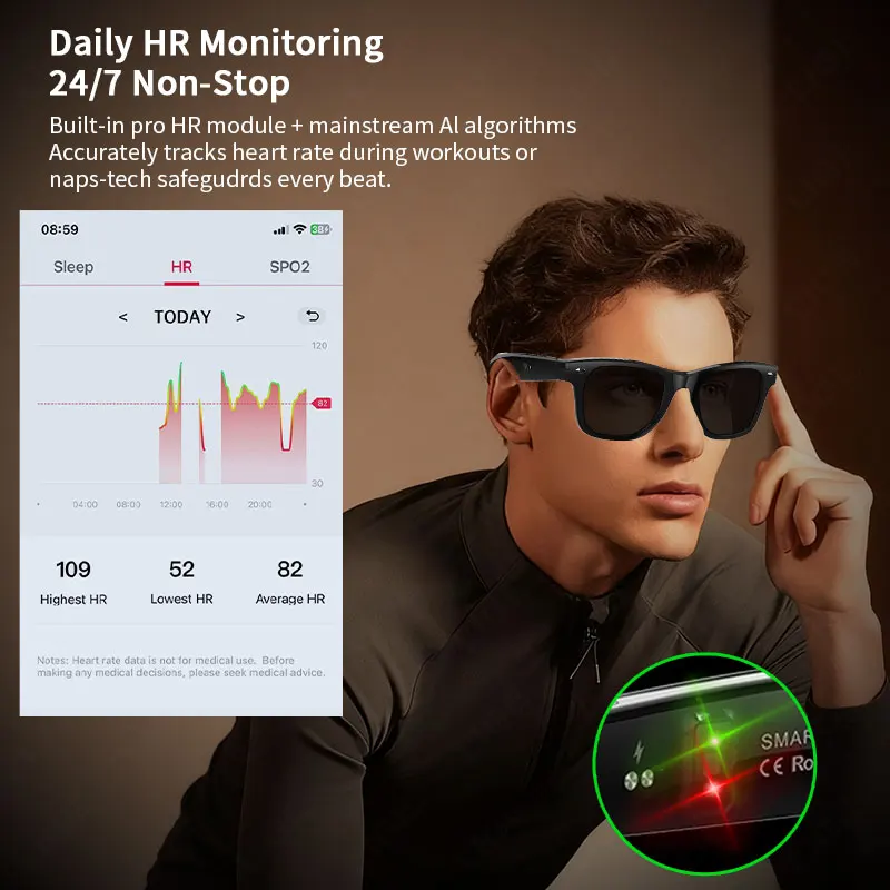 LIGE UV Detection Smart Glasses Heart Rate Blood Oxygen Health Monitor Sports AI Translation Voice Call BT Music Play Sunglasses