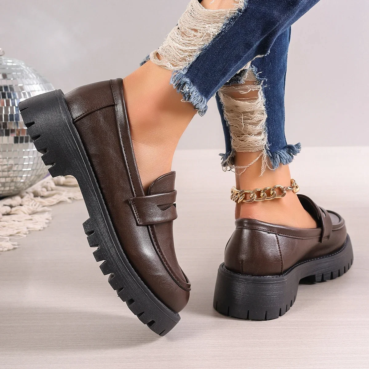 Rimocy Casual Platform Loafers Woman 2025 British Style Black Brown PU Leather Shoes for Women Comfort Slip On Flats Plus Size 3