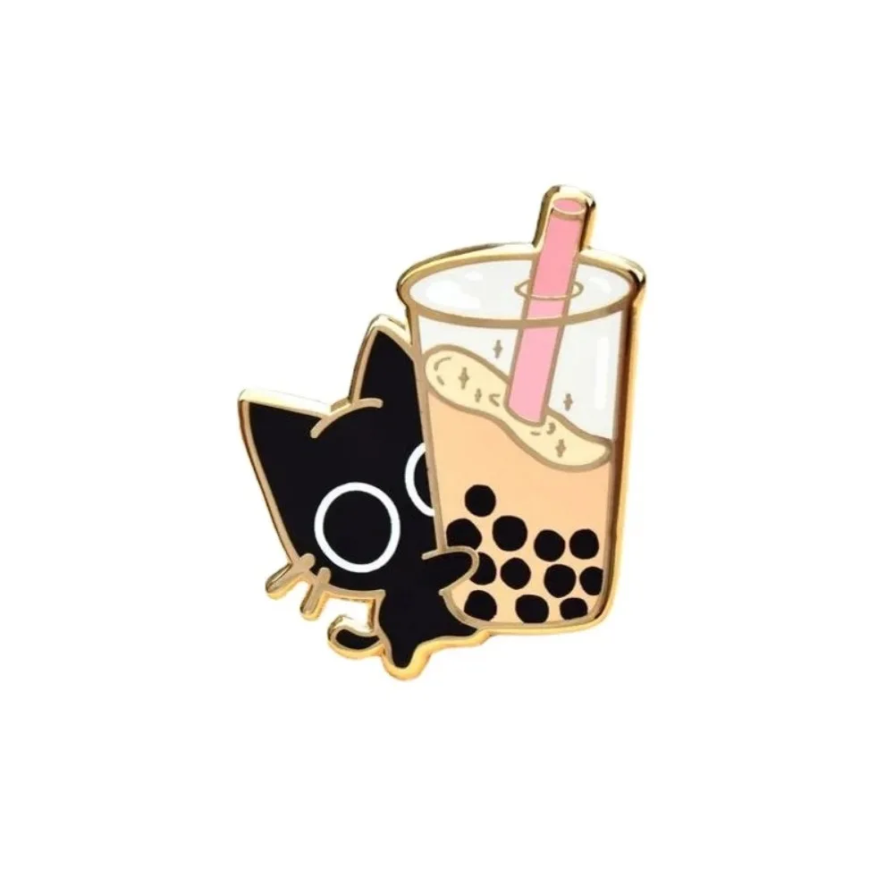 Kawaii Black Cat Bubble Tea Enamel Pin - Cute Sweets Badge Gift