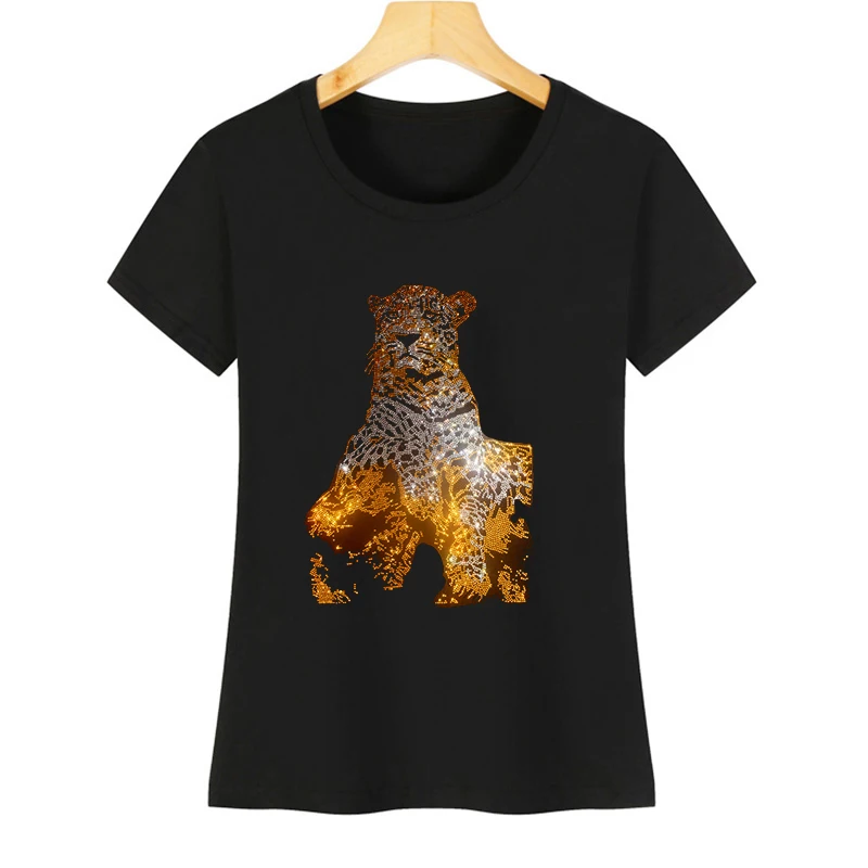

Domineering Cheetah Diamond Crystal Lady Summer short-sleeved T-shirts sell Leisure Round-necked Cotton Women's T-shirts