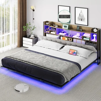 Balconera Super King Bed - LED Headboard, USB Charging & Storage, Wood Color