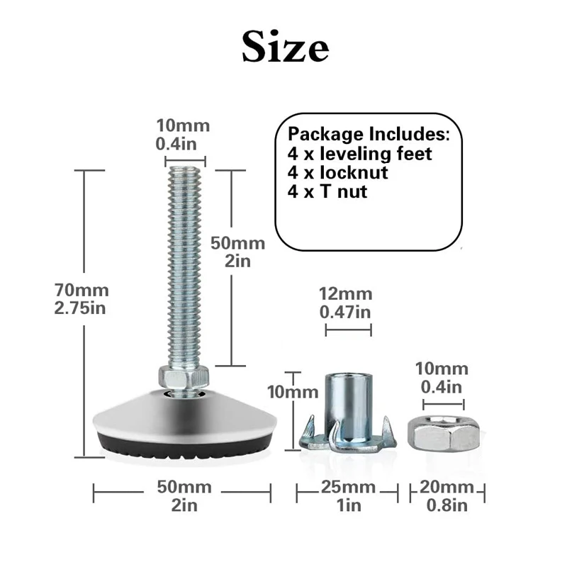 4Pcs/Set 50mm Swivel Adjustable Leveling Feet, Furniture Leveler Foot with T Nut Bolt, Screw On Cabinet Table Workbench Chair