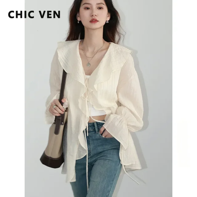 Chemisier Chic pour Femme, Coupe Ample Décontractée, Bords Volantés, Col en V, Laçage, Longueur Mi-longue, Printemps-Été 2026 1