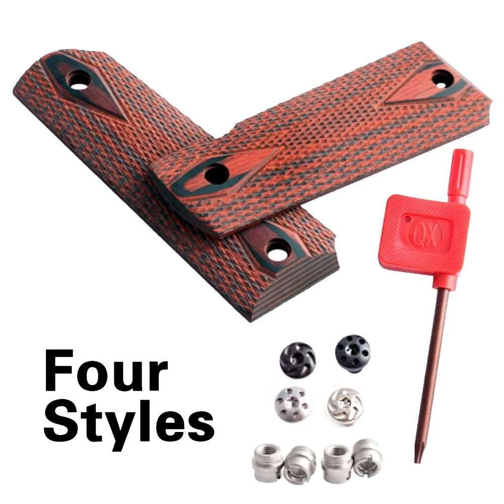 1911 Checkered Wood Grips With Allen Screws & SS Grip Screws Bushings For Tactical hunting