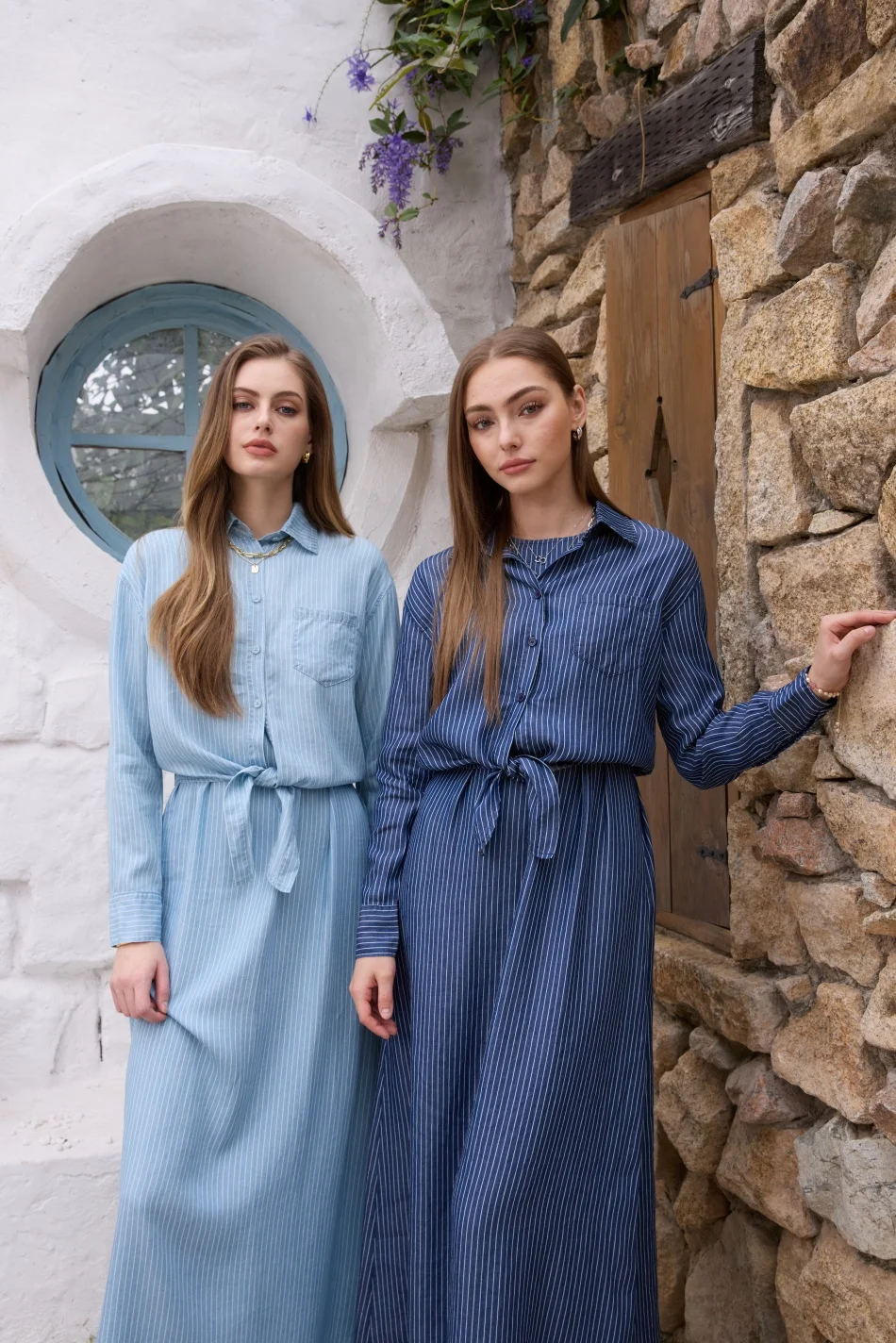 Women's Lightweight Denim Pinstripe Wrap Blouse And Maxi Dress Set — photo 3