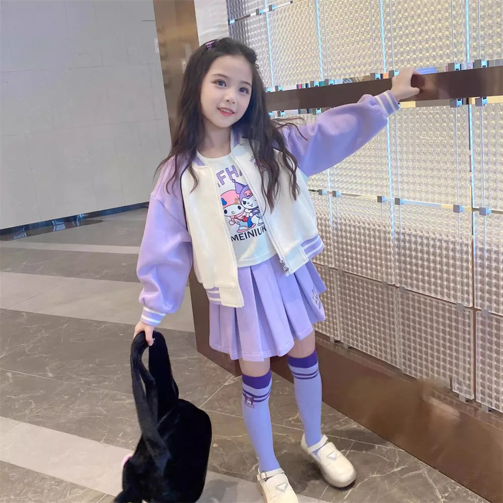 

Кавайный Sanrio Melody Kuromi, Детское пальто и бейсбольная форма в стиле аниме для девочек, детская повседневная куртка, футболка, штаны, юбка, костюм-тройка