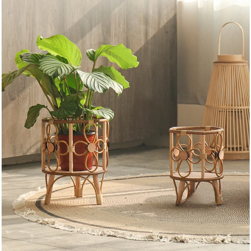 Rattan Weaving Pots for Plants Living Room Floor Plant Shelves, Balcony Decoration, Flower Stand, Versatile Scenes, Wooden Stand