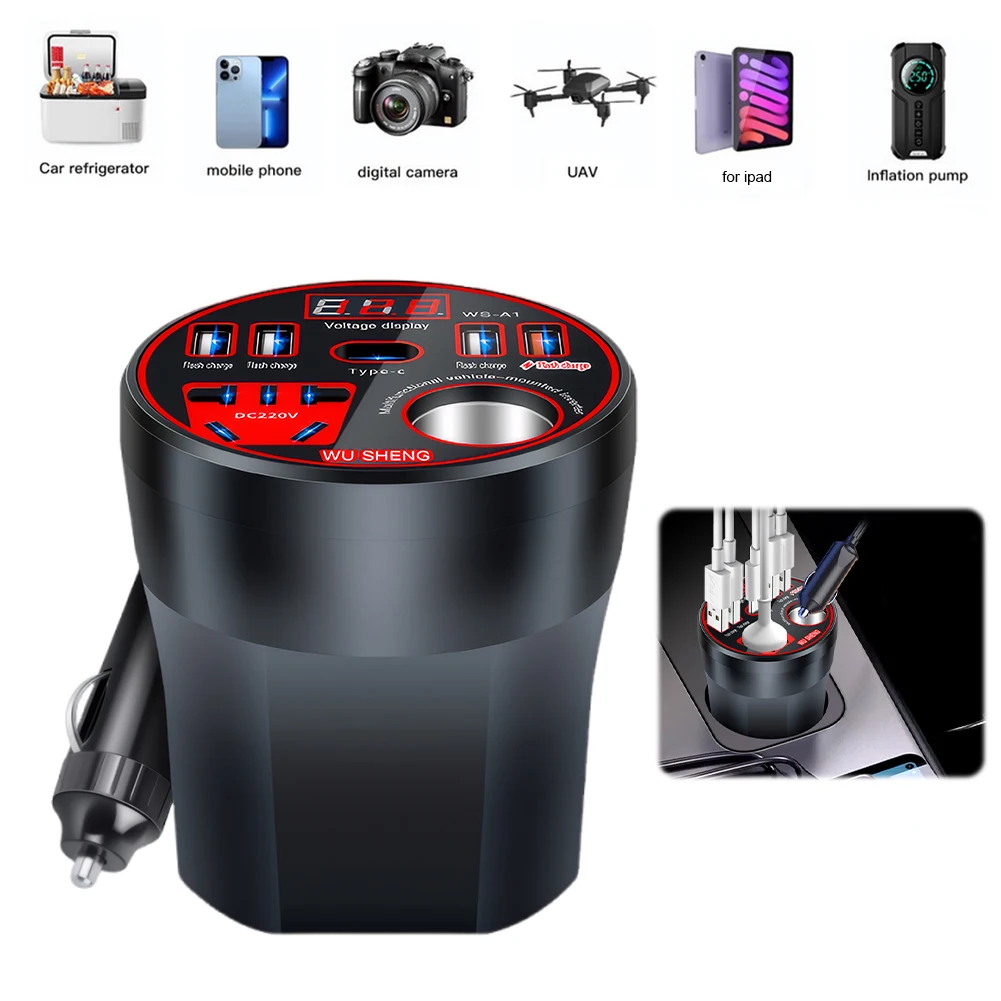 200W 자동차 전압 변환기 DC12V/24V에서 220V로 변환하는 자동차 시거잭 플러그 전압 변환기, 자동차 가전제품용 4개 USB 포트 및 1개 타입-C 포트 포함