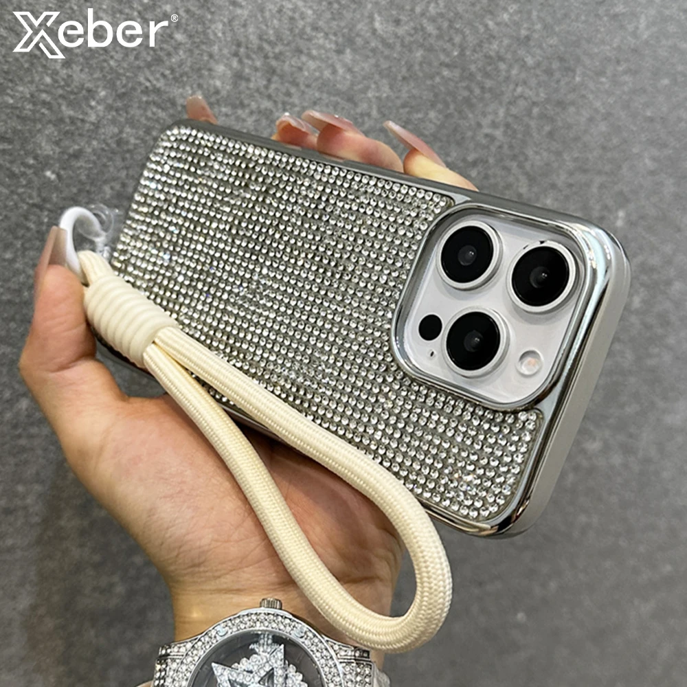 Luxury Plating Shiny Diamond Lanyard Phone Case with Wrist Strap - Shockproof Protective Cover