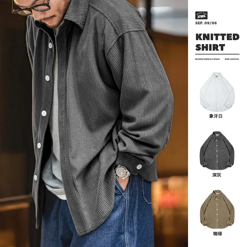 

Maden Vintage Jacquard Knit Long Sleeve Shirts for Men Drop Shoulder Oversized Blouse Brand Corduroy Shirt Solid Color Jacket