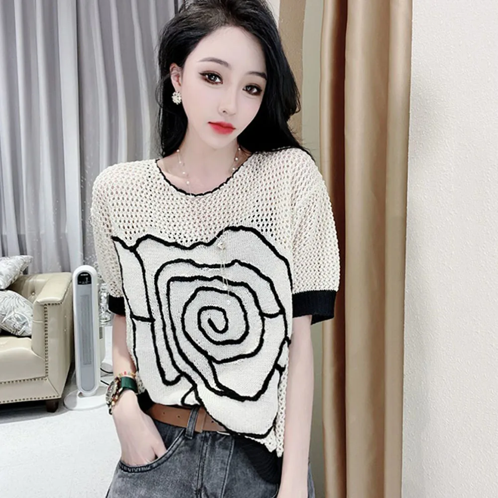 

Round Neck Hollowed-out Jacquard Tees Women Summer Short Sleeve Ice Silk Thin Knit T-shirt Woman Clothing Casual All-match Tops