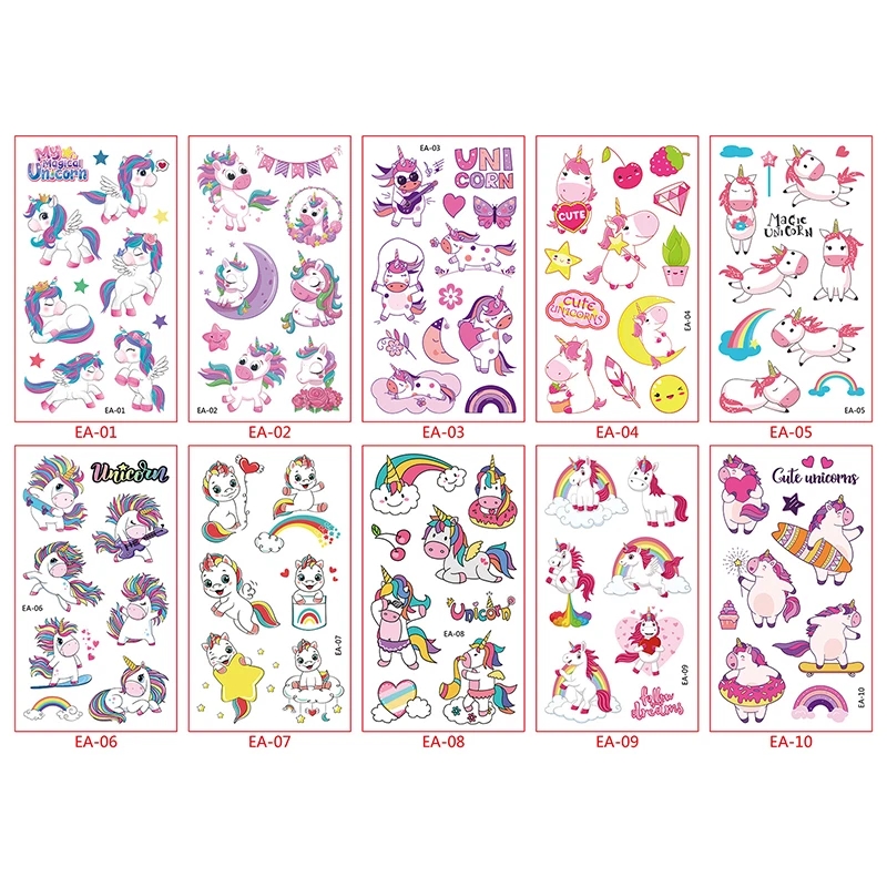 Fake tattoo stickers 10 sheets Unicorn Fake Tattoo Stickers Cartoon Temporary Tattoos Kids Unicorn Decoration Waterproof Tattoo Birthday Baby Shower