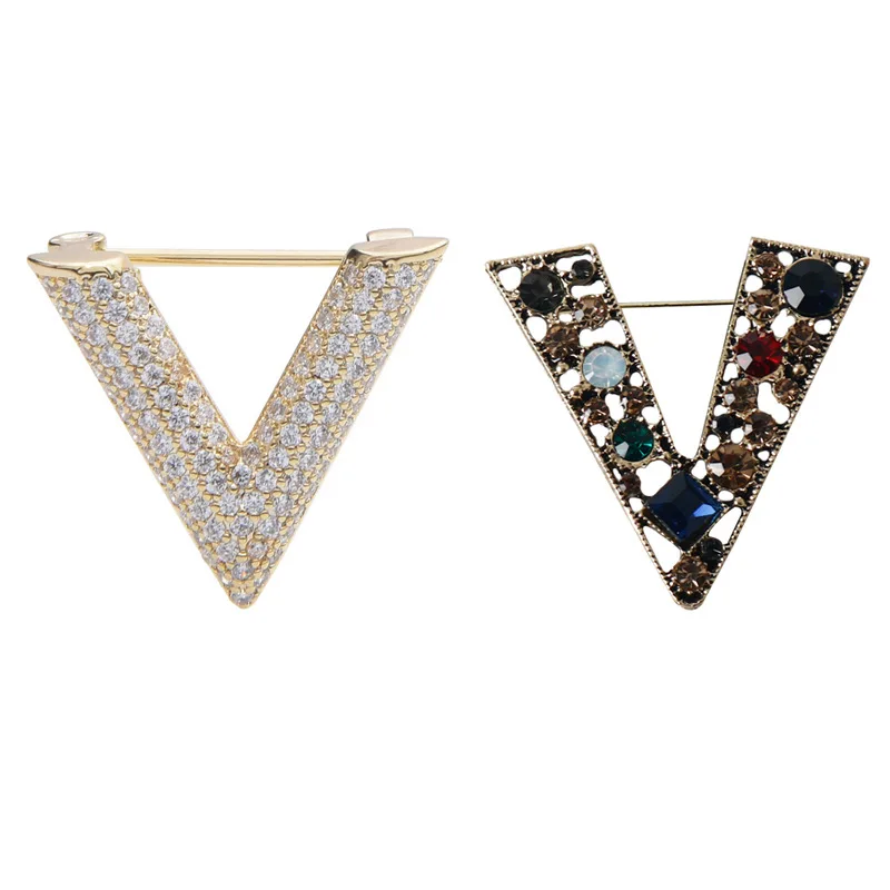 Letter V brooch women's versatile safety pin cardigan sweater accessories chest flower diamond inlaid style new accessories airplane brooch