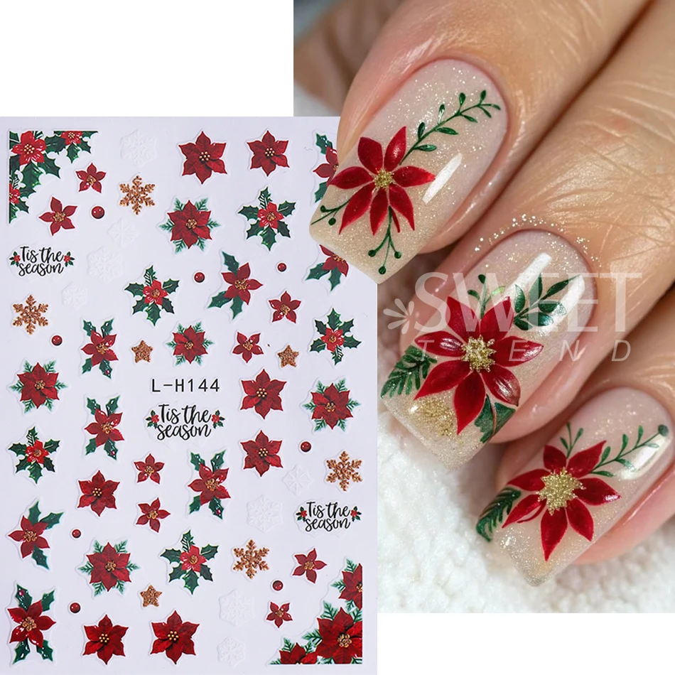 3pcs Glitter Red Flowers Nail Stickers Self-Adhesive Florals Holly Leaf Design Nail Decal New Year Festive Manicure Decor Slider