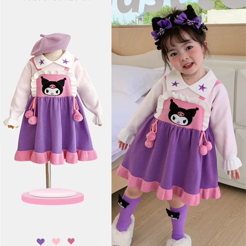 

New Cute Sanrio Kuromi My Melody Children's Dress Girls Sweet Sweater Skirt Kawaii Long-sleeved Kids Outfits Set Exquisite Gift