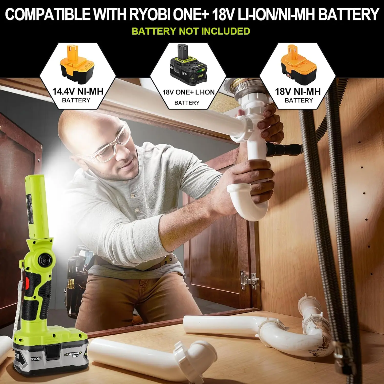 Cordless Flashlight for Ryobi 18V Li-ion Battery LED Work Light Hand Work Light