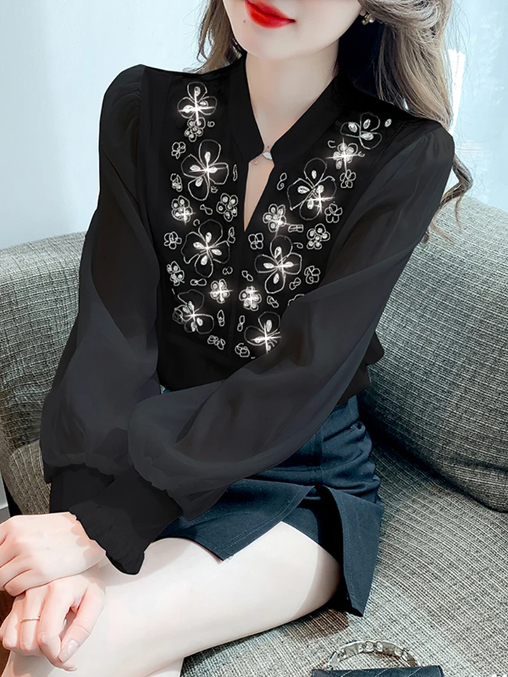 yilon】Joli flower blouse black YILON MADE Joli flower blouse