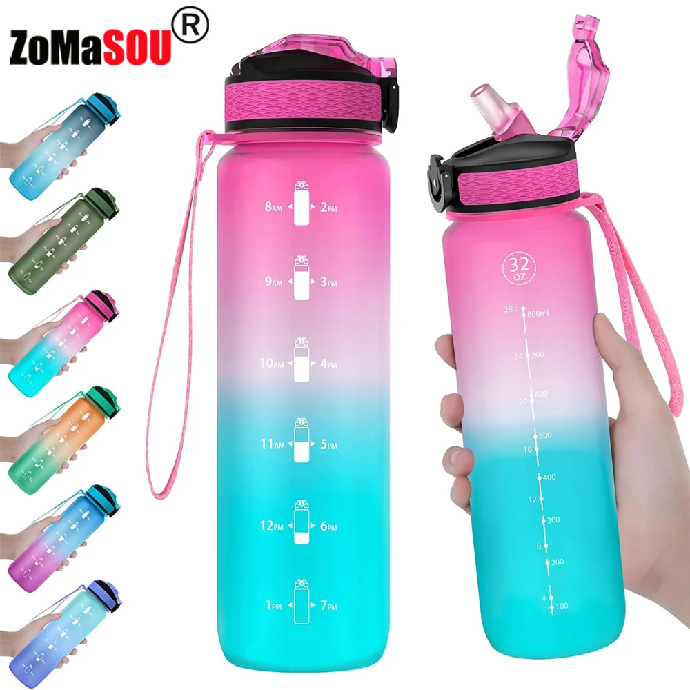 1L Gradient Color Motivational Sports Water Bottle Time Marker Water Bottle Straw Office Exercise Gym Outdoor sports water bottle,sports bottle,water bottle