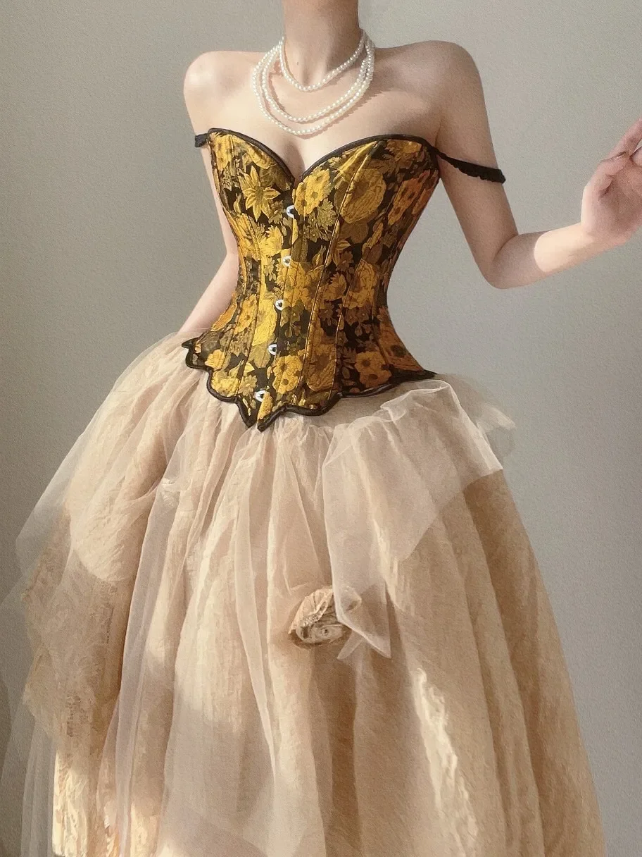 Description Picture 4 of itemWomen Sunflower Oil Paiting Floral Embroidery Corset Vintage Shapewear Bustiers Overbust Bust Shaping Tank Tops Tight Top