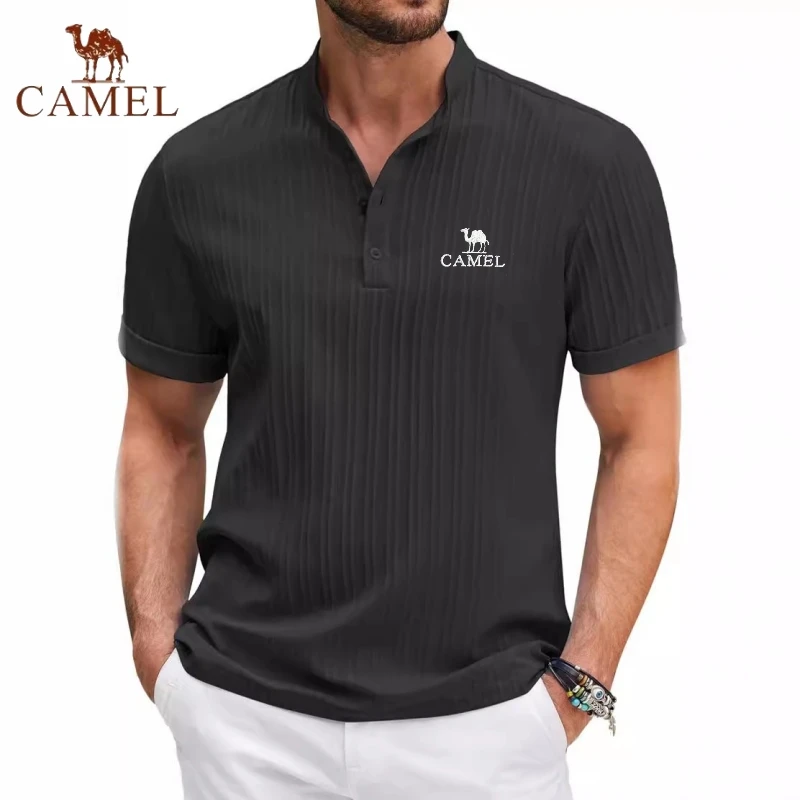 High End Embroidered CAMEL Cotton and Linen Striped Henry Polo Shirt, New Summer Men's Retro Fashion Casual Short Sleeved Top 12 Sb582547c3a0d414781e823a2942d56e4H