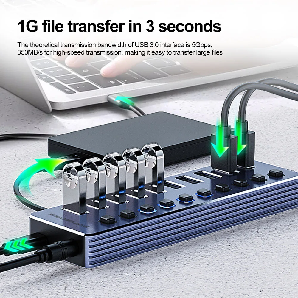High-Speed 7-Port USB 3.0 Hub with Independent Switches and 12V Power Adapter