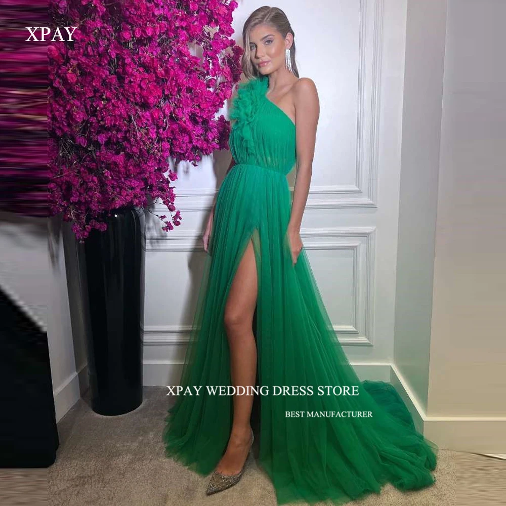 

XPAY One Shoulder Apple Green Tulle Prom Dresses Arabic Women Wedding Party Split Evening Gowns Formal Party Plus Size