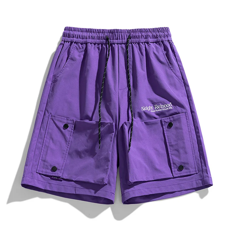 Men's Elastic High Waist Solid Summer Pockets Button Letter Embroidered Loose Sports Work Trousers Casual Preppy Style Shorts
