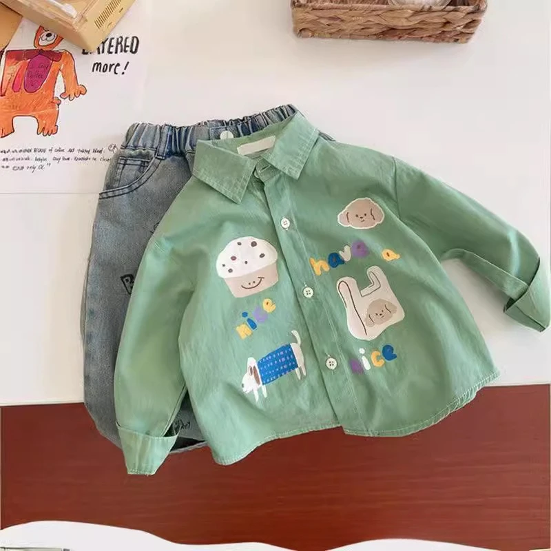 New Autumn Boys Cartoon graffiti Shirts Girls cotton long sleeve Tops Kids fashion Korean style loose shirts