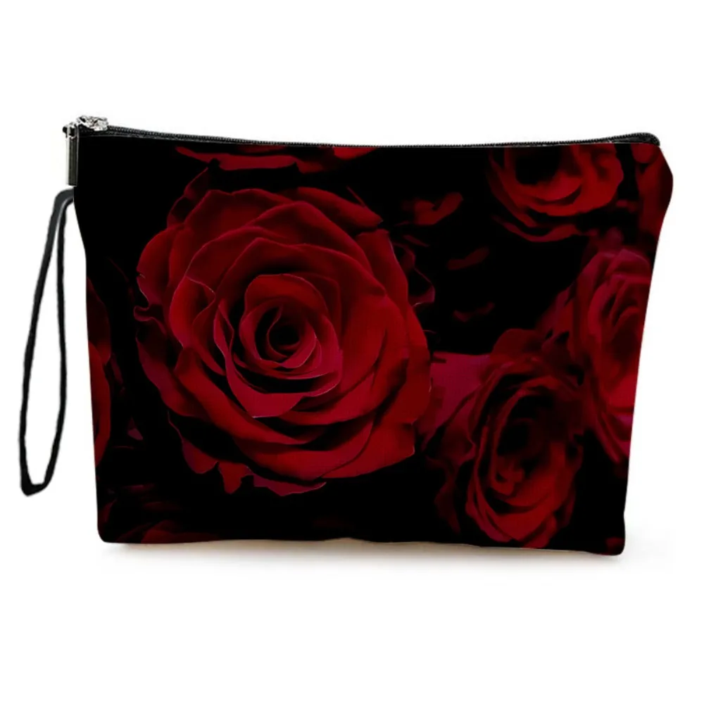 레드 로즈 양면 인쇄 여성 화장품 주머니 세면 용품 메이크업 보관 핸드백 휴대용 야외 숙녀 메이크업 지퍼 가방