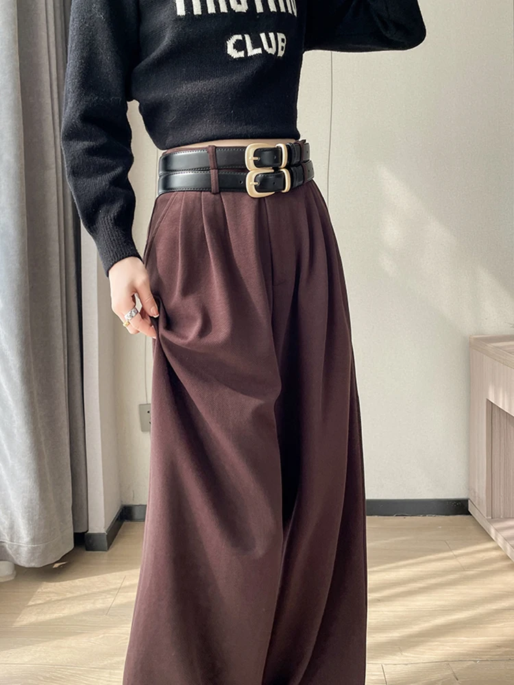 QOERLIN Standard and Velvet Winter Pants with Belt Korean Fashion High Waist Wide Leg High Waist Loose Trousers Female 2024 New