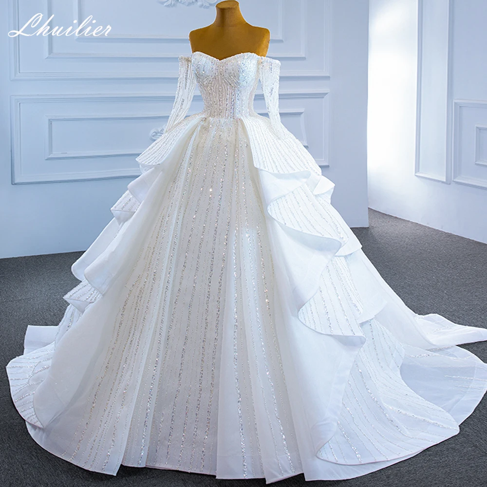 

Lhuilier Women's Luxury A Line Boat Neck Ruffled Wedding Dresses Sleeveless Sequined Beaded Bridal Gown with Chapel Train