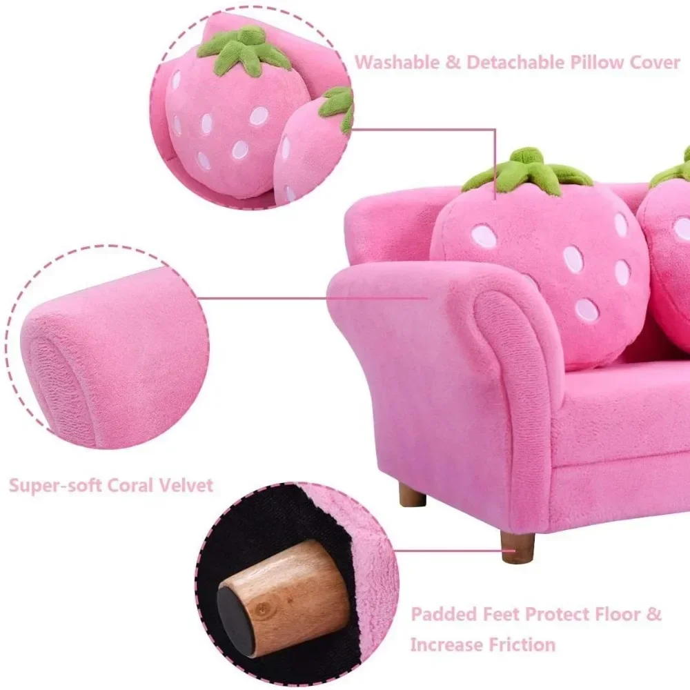 Children's sofa, upholstered toddler armchair with ergonomic backrest and 2 strawberry pillows, two-seater toddler armchair 5
