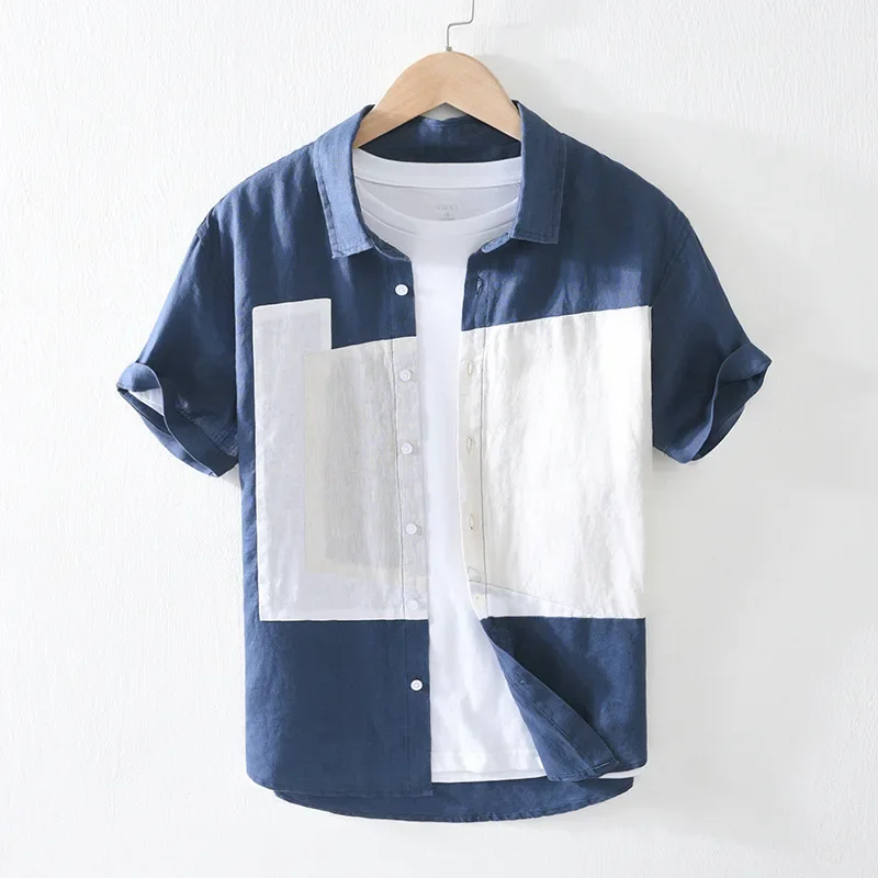 

Summer New Preppy Style Men's Linen 100% Shirts For Men Hawaii Short Sleeve Lapel Tops Casual Patchwork Loose Thin Clothing