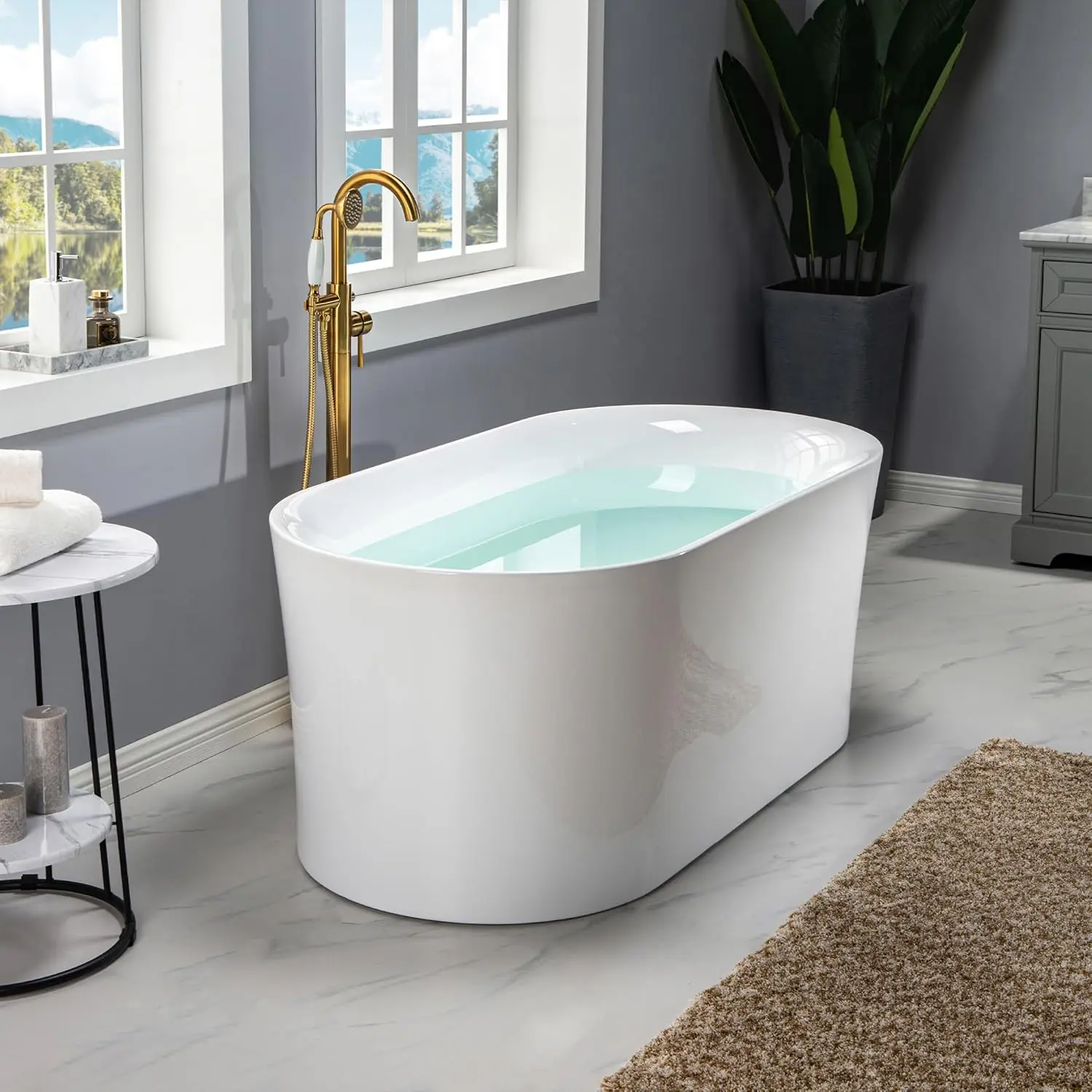 59" Acrylic Freestanding Bathtub Contemporary Soaking Tub with Matte Black Overflow and Drain White Tub