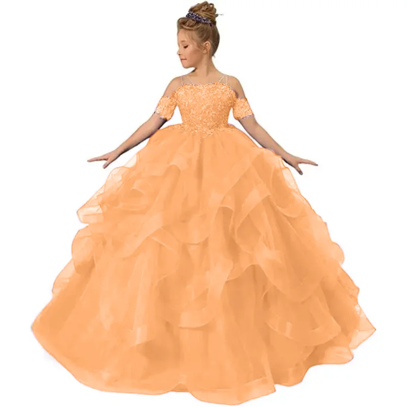 Maßgeschneidertes Blumenmädchenkleid aus königsblauem Tüll, geschwollene, mehrlagige Applikationen, kurze Ärmel für Hochzeit, Geburtstag, Bankett, Prinzessinnenkleider – Detail 7