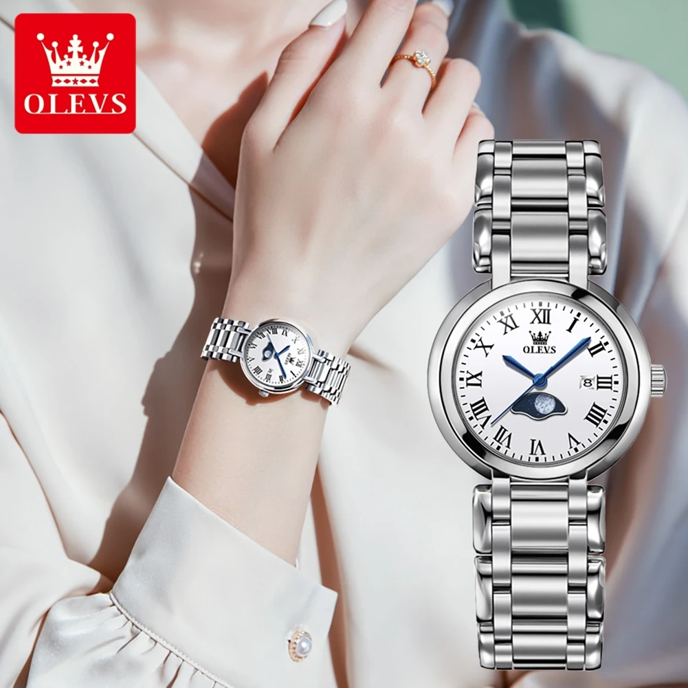 OLEVS Brand Luxury Moon Phases Quartz Watch for Women Stainless Steel Strap Waterproof Fashion Date Women Dress Wristwatch