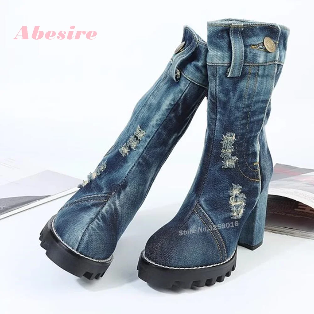 

New Canvas Women's Shoes Winter Chunky Heels Platform Denim Boots High Heels Thick Soled Motorcycle British Style Ankle Boots