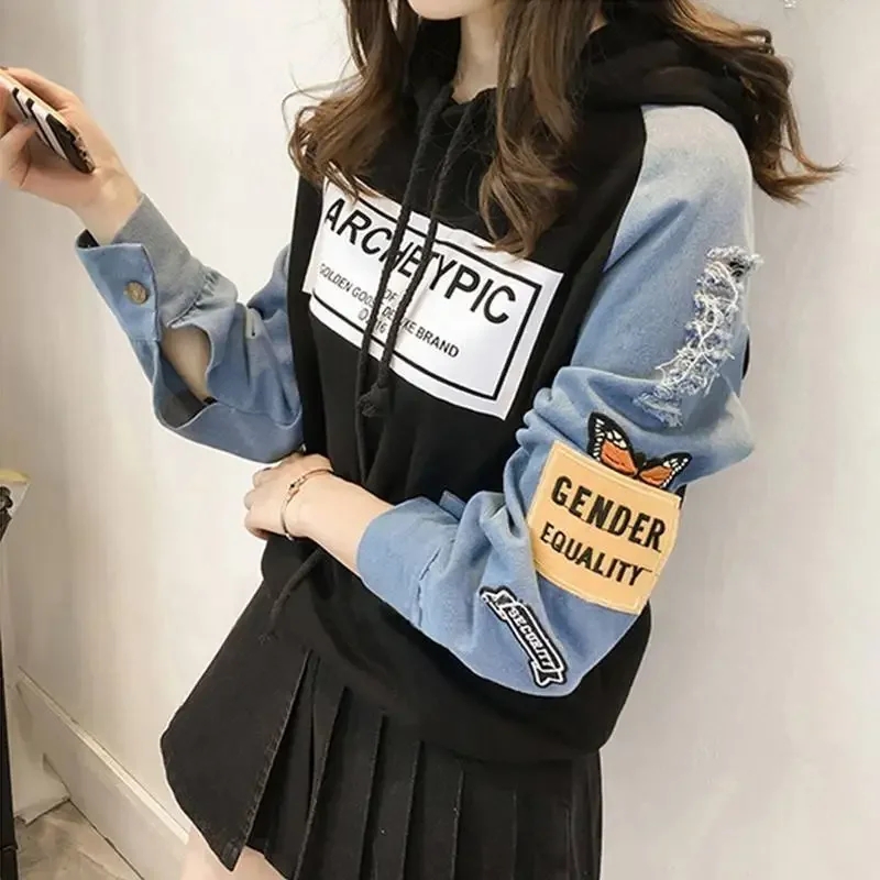 2024 Harajuku Female Sweatshirt Women Letter Print Patch Hoodies Autumn New Hole Long Sleeve Drawstring Splice Hooded Pullovers