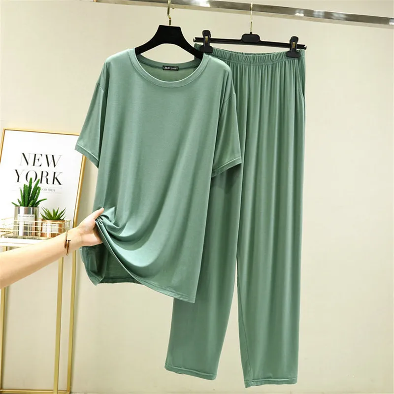 

Plus Size 5XL 6XL Modal Cotton Pajamas For Men 2 Pieces Set Short Sleeve Trousers Home Clothes Spring Summer O Neck Sleepwear