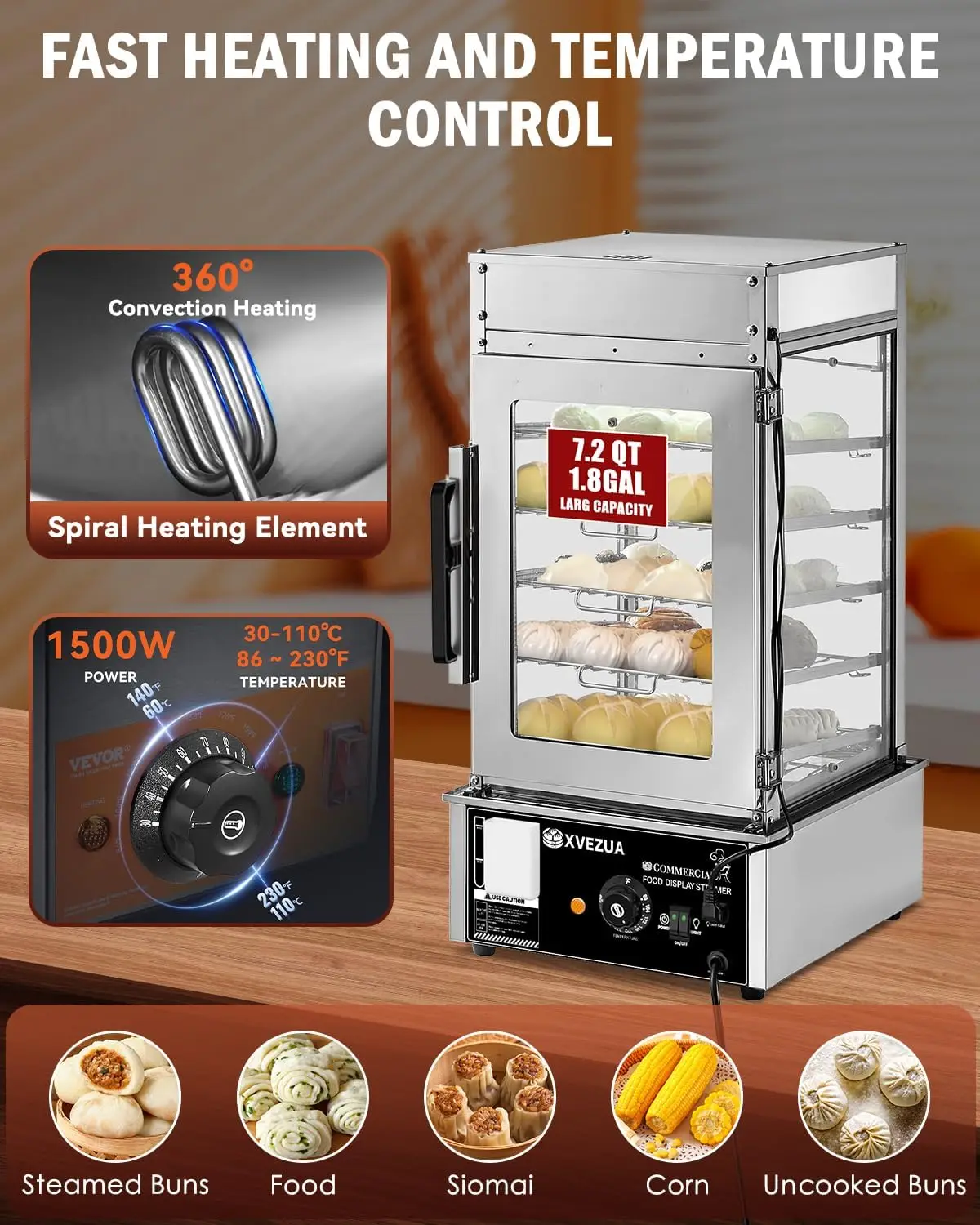 Food Steamer Display - 5 Tier Electric Steamer for Bao Buns Dumpling, Stainless Steel Countertop Commercial Food Steamer Warmer, 2