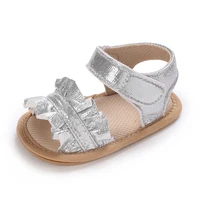 0-18M Baby Summer New Sandals for Girls Silver Non slip Rubber Soft Sole Flat Shoes First Walking Shoe 4