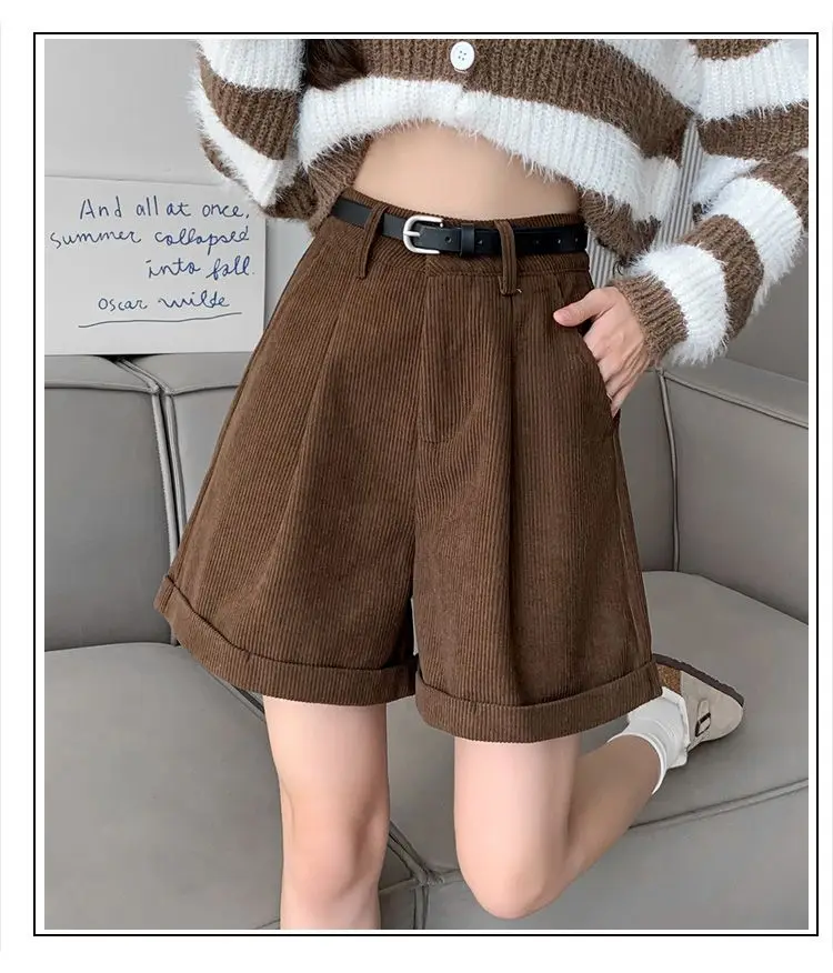 Autumn Winter Corduroy Shorts Women Wide-legged Pants Loose Thickened Casual Retro Version Soft Warm
