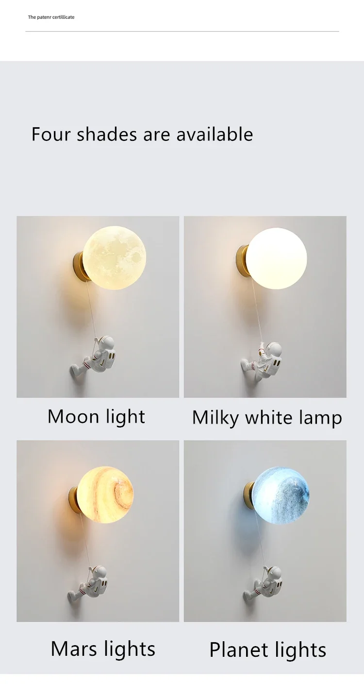 Description Picture 5 of itemChildren's Room Moon LED Wall Lamp Modern Minimalist Creative Astronaut Copper Cartoon Boy Bedroom Bedside Background Wall Lamp